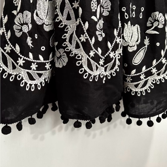 Anthropologie Embroidered Floral Black White Classic Boho Pom Cotton Midi Dress - Picture 2 of 9